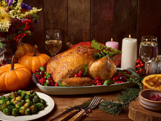 dinner table with roasted chicken