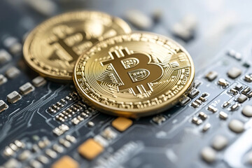 Two golden Bitcoin coins placed on a computer circuit board symbolizing digital currency and blockchain technology in a futuristic setting
