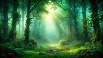 Obraz premium A mystical and abstract forest scene with a deep green background and eerie mist, forest, ethereal, ambiance, surrealism