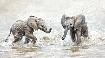 Fototapeta premium Baby elephants playing in rain puddles, splashing water, dreamy watercolor technique, gentle color palette