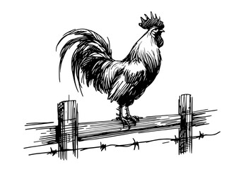hand-drawn rooster standing proudly on fence, black vector sketch © Luka