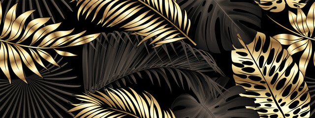 Luxurious gold and black background vector. Floral pattern, gold monster leaves, palm tree, banana leaf. Vector illustration.