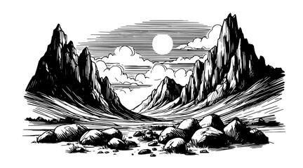 majestic mountain peaks at sunrise with clouds, black vector artwork © Luka