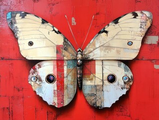 A butterfly is painted on a red background