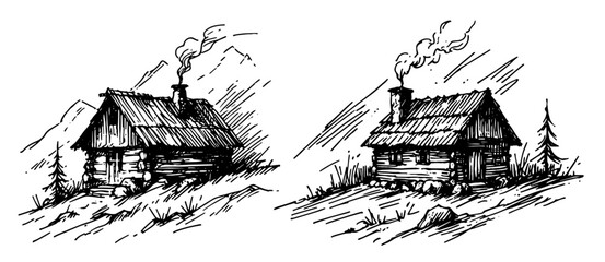 hand-drawn sketch of log cabin in mountain scenery, black vector © Luka