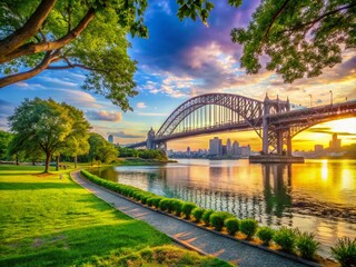 Astoria Queens Riverfront Park East River Summer Bokeh Effect with Hell Gate Bridge