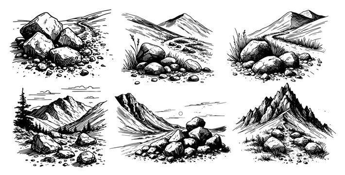 hand-drawn black vector of rocky mountainous terrain and paths