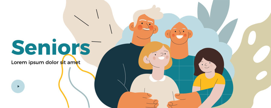 Cheerful senior couple with kids. Grandparents embrace grandchildren on abstract background. Modern flat vector illustration. Seniors. Landing page and website banner template.