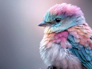 Obraz premium A colorful bird with blue, pink, and yellow feathers is perched on a branch