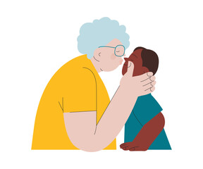 Cheerful senior woman with kid. Grandparent kissing grandchild on white background. Modern flat vector illustration. Seniors. Landing page and website banner template.