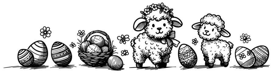 cheerful hand-drawn lamb with decorated eggs, perfect for Easter-themed artwork and festive designs black vector