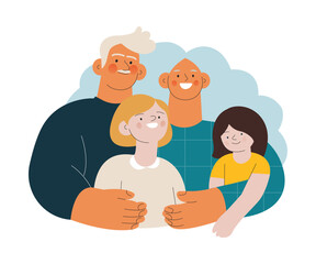 Cheerful senior couple with kids. Grandparents embrace grandchildren on white background. Modern flat vector illustration. Seniors. Landing page and website banner template.
