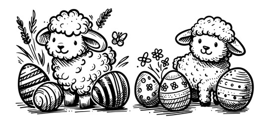whimsical illustration of a lamb surrounded by colorful Easter eggs, celebrating the joy of the holiday season black vector