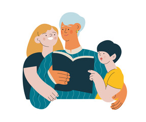 Cheerful senior woman with kids. Grandparent read a book to grandchildren on white background. Modern flat vector illustration. Seniors. Landing page and website banner template.