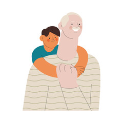 Cheerful senior man with kid. Grandparent embrace grandchild on white background. Senior man hold child hand on his chest. Modern flat vector illustration. Seniors. Landing page and website banner 