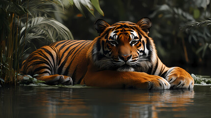 Naklejka premium Tigers have powerful builds, bold orange fur with black stripes, and intense eyes. There is a sense of strength and grace about the tiger's face, with sharp features and a focused gaze.