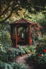 A wooden gazebo surrounded by flowers and trees, perfect for a garden or park setting