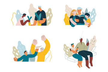 Collection of different cheerful senior man and woman with grandchildren perform different activities on abstract background. Modern flat vector illustration. Seniors. Landing page and website banner 