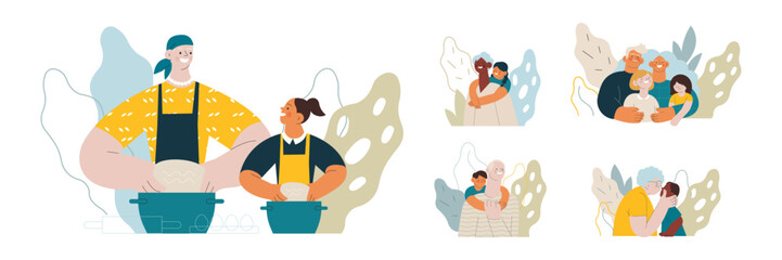 Collection of different cheerful senior man and woman with grandchildren perform different activities on abstract background. Modern flat vector illustration. Seniors. Landing page and website banner 