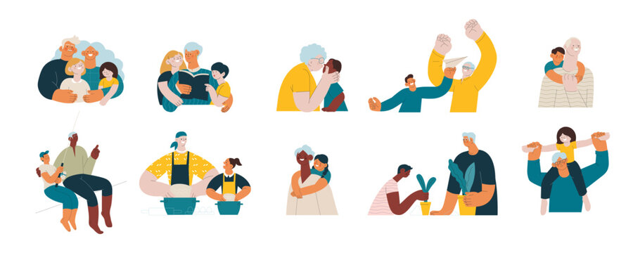 Collection of different cheerful senior man and woman with grandchildren perform different activities isolated  on white background. Modern flat vector illustration. Seniors. Landing page and website 