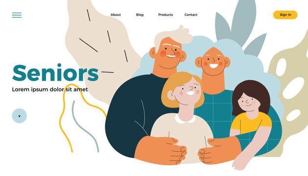 Cheerful senior couple with kids. Grandparents embrace grandchildren on abstract background. Modern flat vector illustration. Seniors. Landing page and website banner template.