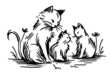 charming sketch of a cat family, capturing warmth and togetherness in a hand-drawn style black vector