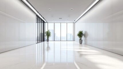 Obraz premium Modern minimalist white office corridor interior with large window overlooking meeting room; contemporary hallway design featuring clean lines, neutral colors, and abundant natural light