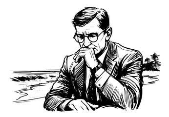 Contemplative man on a beach in classic attire – black vector illustration