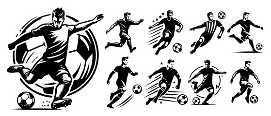 black vector of soccer player silhouette in dynamic movement, minimalist logo style