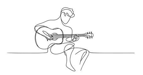 minimalist black vector of man sitting and playing guitar in line art style
