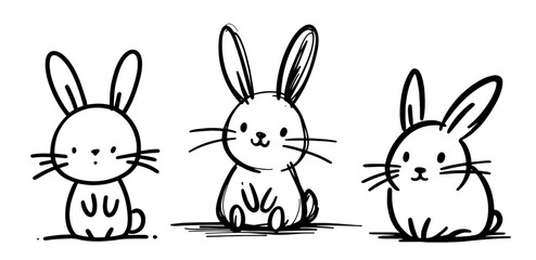 adorable bunny characters with minimalist design, black vector set