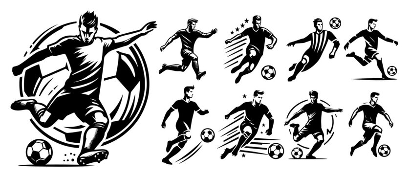 black vector of soccer player silhouette in dynamic movement, minimalist logo style
