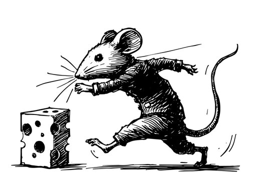 mouse running towards cheese, black and white clip art preview