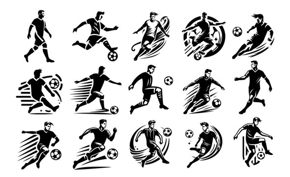 minimalist logo style silhouette of soccer player in motion, black vector