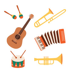 Fototapeta premium Musical instruments on isolated white background. Accordion,horn,harp,guitar,maracas,drums. Vector illustration.