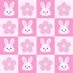 Cute seamless pattern with bunny and flowers. Checkered pink background. Vector texture for print, textile, fabric.