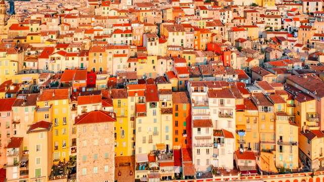 Aerial view of colourful houses in Menton, Cote d'Azur, France.