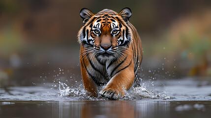Fototapeta premium Tigers have powerful builds, bold orange fur with black stripes, and intense eyes. There is a sense of strength and grace about the tiger's face, with sharp features and a focused gaze.