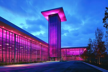 Modern Glass Building Illuminated with Pink Lights at Night