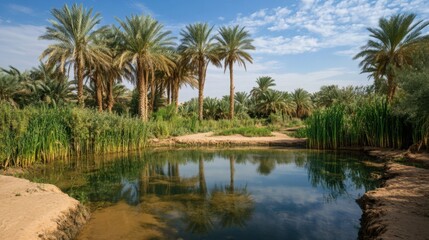 Obraz premium A lush oasis with tall palm trees and a clear water spring, contrasting with the endless sand dunes