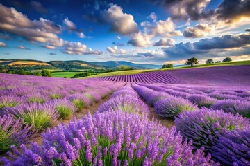 A field of lavender stretches towards the sky, its purple blooms spilling over the rolling hills and creating a soothing, peaceful scene, nature, lavender, atmosphere, landscape, purple