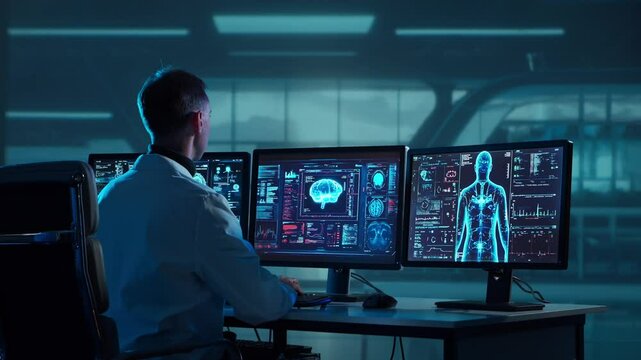 Doctor working at futuristic office, multiple monitors displaying medical images, data and body scans.