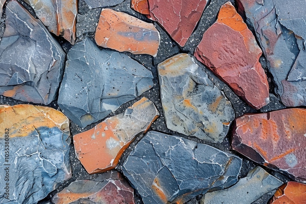 Poster close-up of a vibrant stone wall with intricate patterns and textures