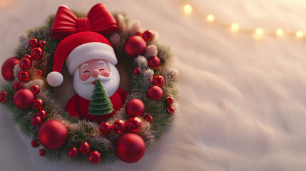 3D Wreath Christmas ornaments with Santa Claus and a small tree, a red bow on top of the wreath, a white fur background, Christmas decorations, a red color palette, a red ball garland around
