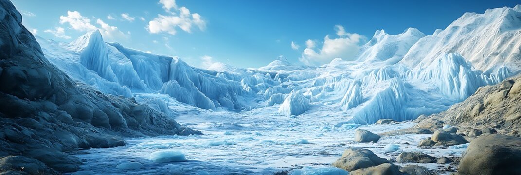 An ancient glacier landscape with ice formations and rocky textures