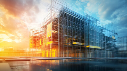 Futuristic Building Design, Architectural Wireframe Visualization, Modern Construction Blueprint, Abstract Urban Structure, Digital Architecture Concept