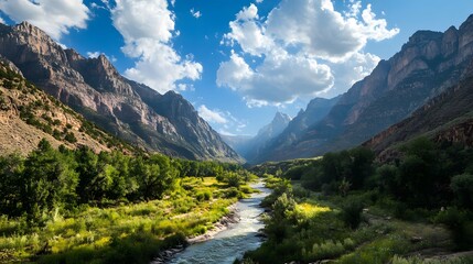 A scenic valley surrounded by tall mountains with a river flowing through