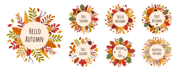 Set beautiful fall round frames with different colorful leaves, pumpkins, mushrooms and autumnal quotes. Trendy templates in flat style