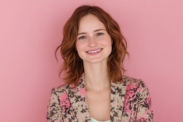Fototapeta premium A beautiful young woman posing against a bright pink background