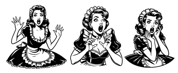 stylish vintage maids in pin-up style – black and white illustration